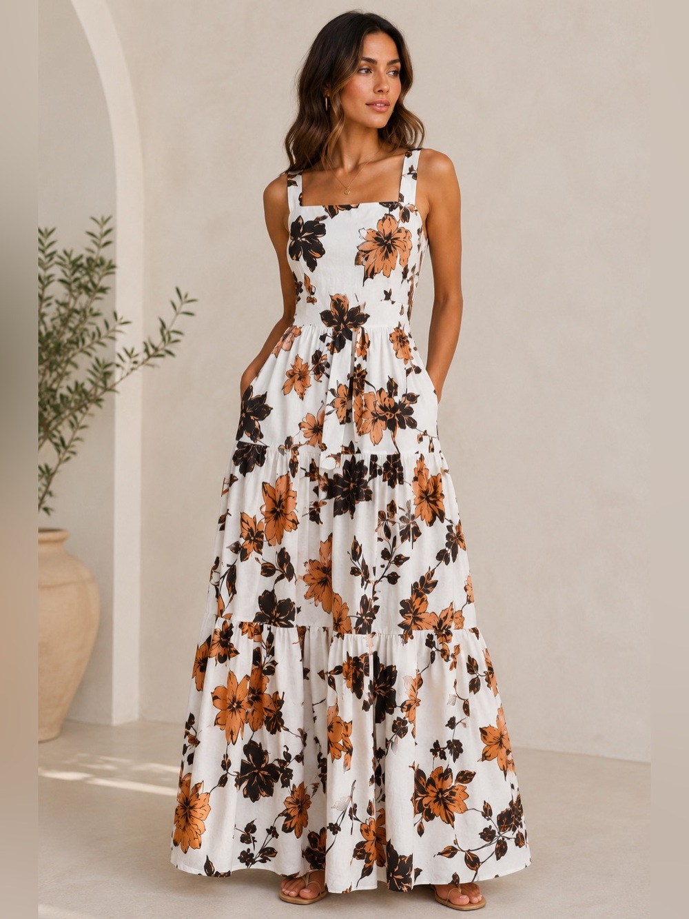 Nicholas Linen Floral Tiered Maxi Dress Size 0 Sepia Brown White Pockets - Picture 1 of 16